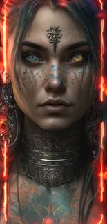 Fiery fantasy portrait wallpaper with enchanting eyes and flames.