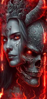 Fiery fantasy wallpaper with a skull and mystical woman.