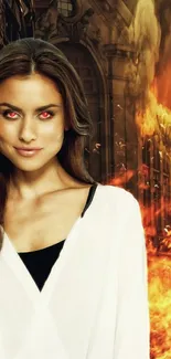 Woman with glowing red eyes in front of a fiery background.