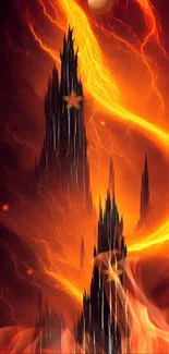 Fantasy wallpaper with fiery towers and swirling flames.