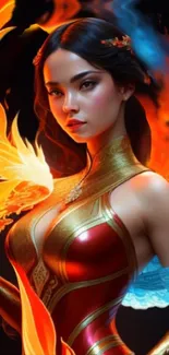 Fiery fantasy warrior in vibrant armor with phoenix and flames.