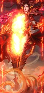 Fiery fantasy warrior with flaming armor in dynamic artwork.