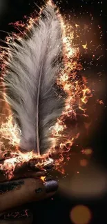 A fiery feather engulfed in flames on a dramatic mobile wallpaper background.