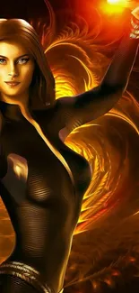 Dynamic female hero with fiery energy in vibrant digital art.