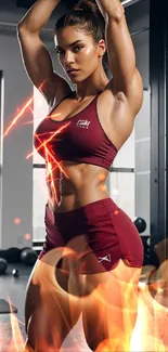 Athletic woman with fiery effects in a gym setting, showcasing strength and motivation.