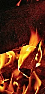 Close-up of vibrant orange flames burning wood in a dynamic phone wallpaper.