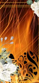 Floral abstract mobile wallpaper with orange flames and intricate designs.