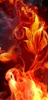 Vibrant fiery floral design with orange flames on dark background.