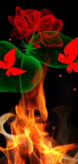 Fiery floral wallpaper with red butterflies and colorful flames.