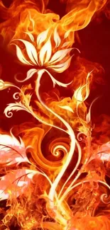 Fiery floral wallpaper with orange flames and intricate designs.