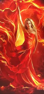 Woman in a fiery red dress surrounded by flames.