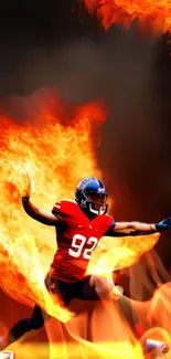 Football player surrounded by fiery flames in action-packed wallpaper.