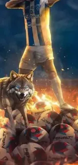 Fiery football art featuring a wolf and player in mobile wallpaper.