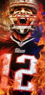 Football player with fiery background, number 12 jersey.