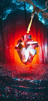 A fiery heart glows amidst a forest scene, enhancing mobile displays.