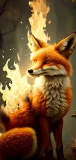 Majestic fox surrounded by flames and candles in a fantasy forest scene.