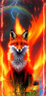 Fiery fox amidst flames with a colorful sky, ideal for bold phone wallpaper.