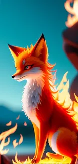 Mystical fiery fox with flames in fantasy setting.