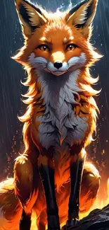 Fiery fox in rain with glowing flames, perfect for a dynamic phone wallpaper.