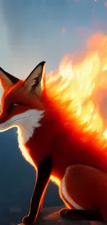 Majestic fox with fiery tail on cliff, vivid and dynamic mobile wallpaper.