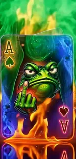 Colorful poker card with a fiery frog illustration.