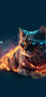 Fiery galaxy-themed cat wallpaper with vivid colors.