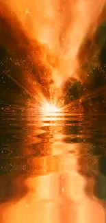 Fiery galaxy reflection on water with orange hues.