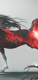 Fiery horse gallops in vivid red and dark tones on mobile wallpaper.