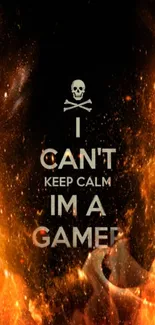 Fiery gamer wallpaper with bold text and flames.