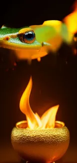 Vibrant gecko hovering over a fiery golden cauldron in artistic wallpaper.