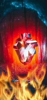 Geometric heart with flames in an enchanted forest.