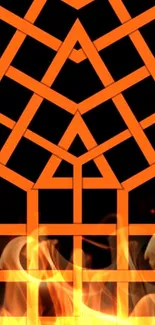 Orange geometric pattern with fiery flames on a dark background.