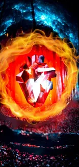 Fiery geometric heart in a wooded night scene with vibrant flames.