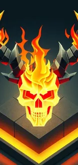 Vibrant orange and black skull with flames wallpaper art.