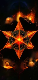 Fiery geometric star with cosmic elements in vibrant orange hues.