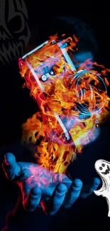 Fiery camera with ghostly elements on a dark background, vibrant flames.