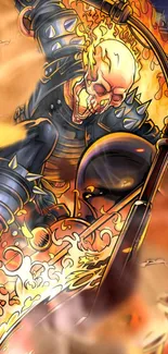 Dynamic Ghost Rider with fiery flames and a motorcycle in vibrant comic art style.