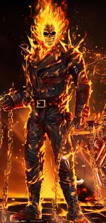 Fiery Ghost Rider wallpaper with chains and motorcycle.