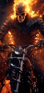 Fiery skeleton riding a motorcycle at night.