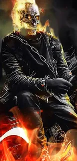 Ghost Rider with flames sitting on a motorcycle, wearing a leather jacket.