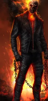 Ghost Rider fiery mobile wallpaper featuring flames and chains.