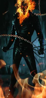 Ghost Rider with flames and chains on a dark background.