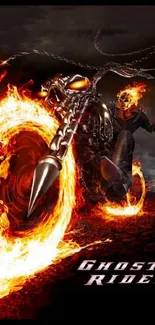 Ghost Rider wallpaper with fiery wheels and dark background, perfect for mobile screens.