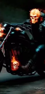 Fiery ghost rider on a motorcycle with flaming skulls.