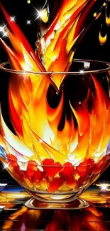 Fiery artwork in a glass bowl with vibrant flames.