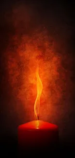 Glowing orange-red candle with fiery background.
