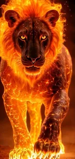 Fiery lion with glowing mane and intense eyes.