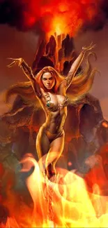 Fantasy goddess rising from flames with volcanic backdrop.