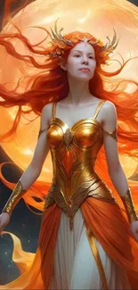 Fantasy art of a fiery goddess in golden armor with a celestial backdrop.