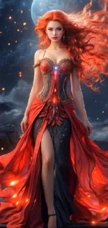 Fantasy goddess in red dress under a mystical moonlit sky.